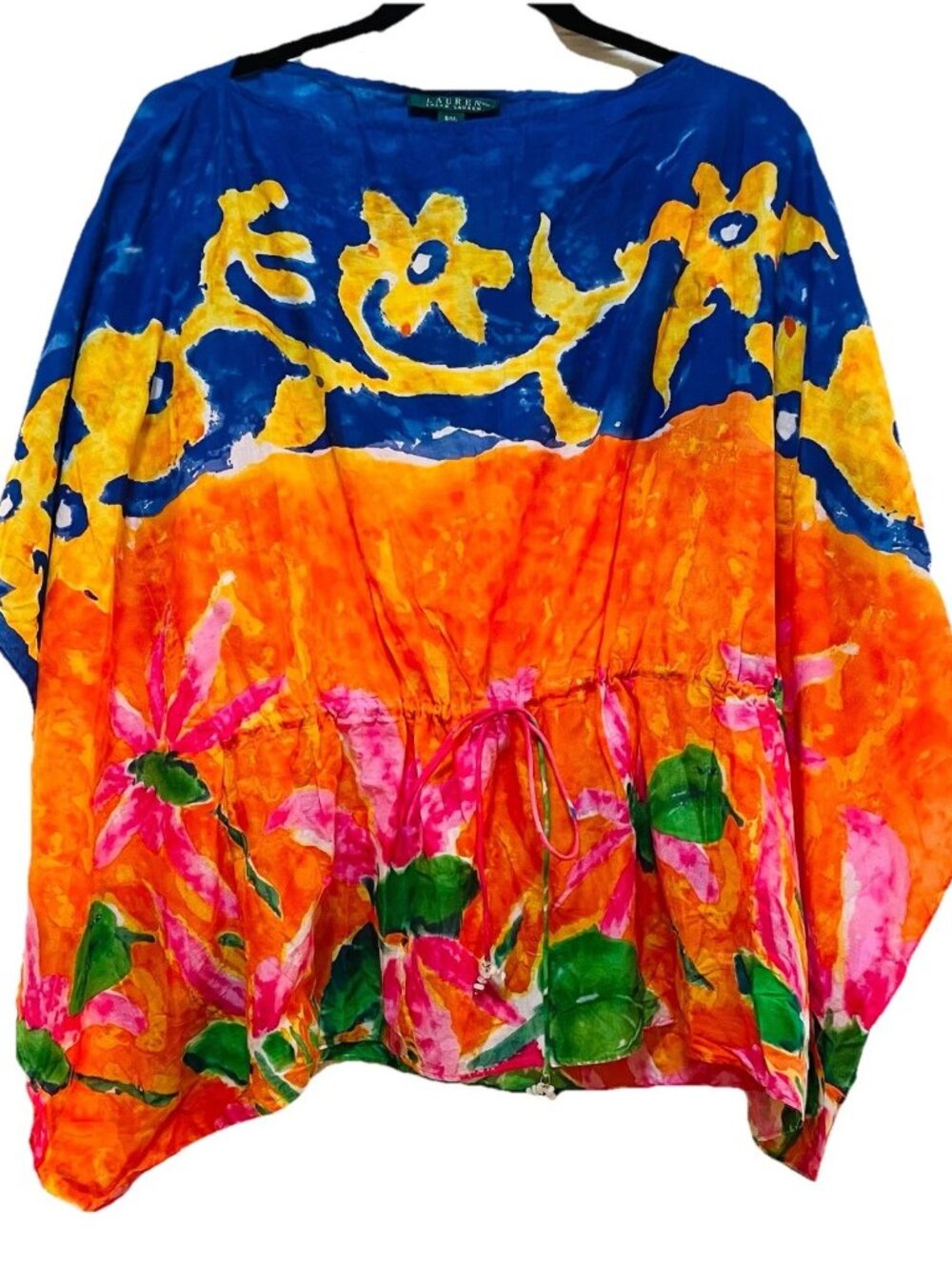 LAUREN RALPH LAUREN Multicolor Foral Batik Poncho/Swim Cover-up Tunic Shirt Sz S